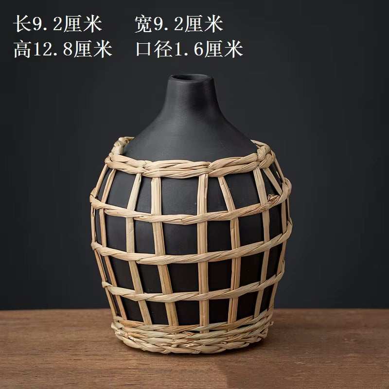 Black vase with woven basket design on a dark background
