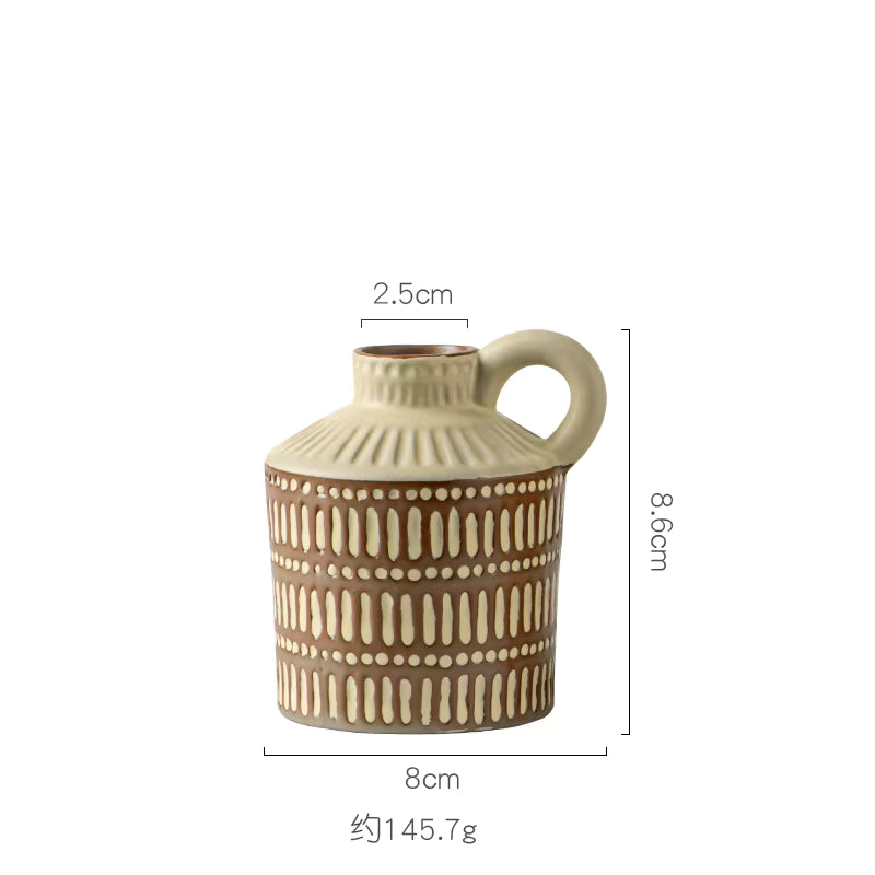 Ceramic vase with decorative patterns and measurements on a white background