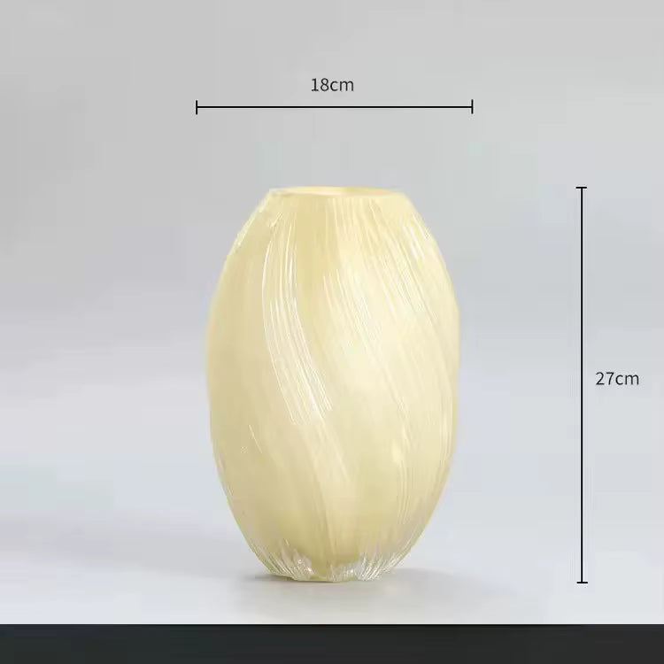 Beige textured vase with dimensions on a gray background