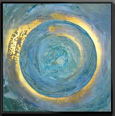 Abstract art with concentric circles in blue and gold