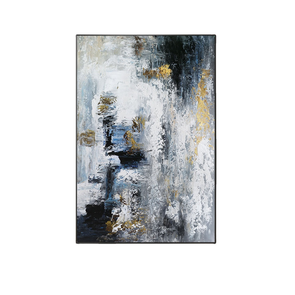 Abstract art painting with black, white, and gold colors on a white background