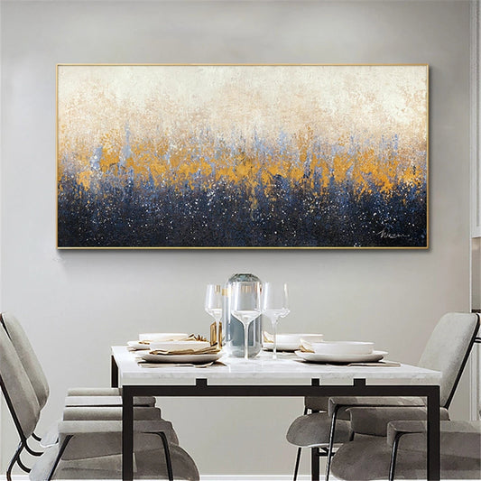Dining room with a large abstract painting on the wall above a table set for dinner.