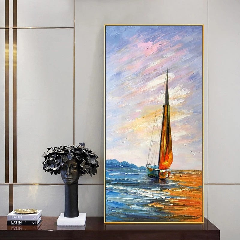 Painting of a sailboat on a wall with decorative elements below