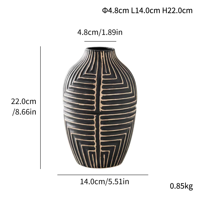 Ceramic vase with geometric pattern and measurements on a white background