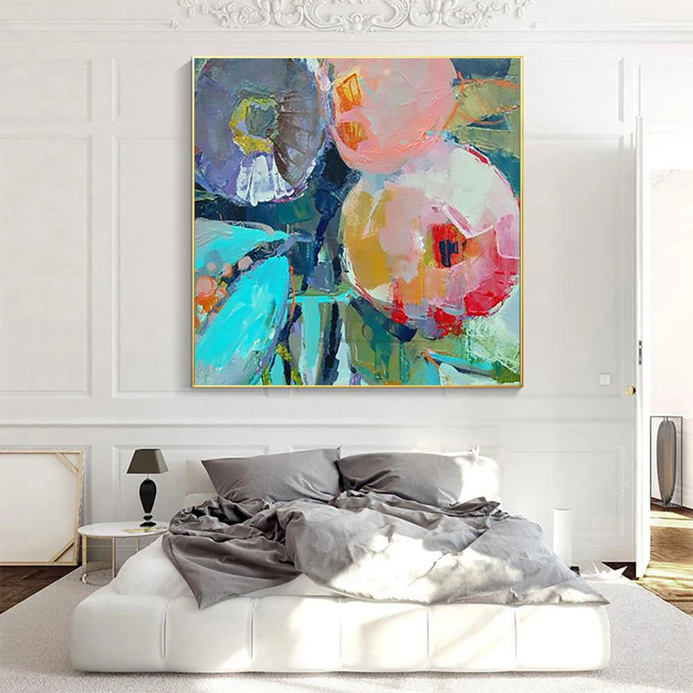 Abstract painting on a wall above a bed in a bedroom