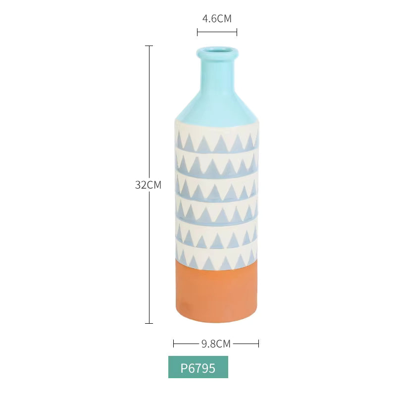 Decorative vase with geometric pattern and measurements on a white background