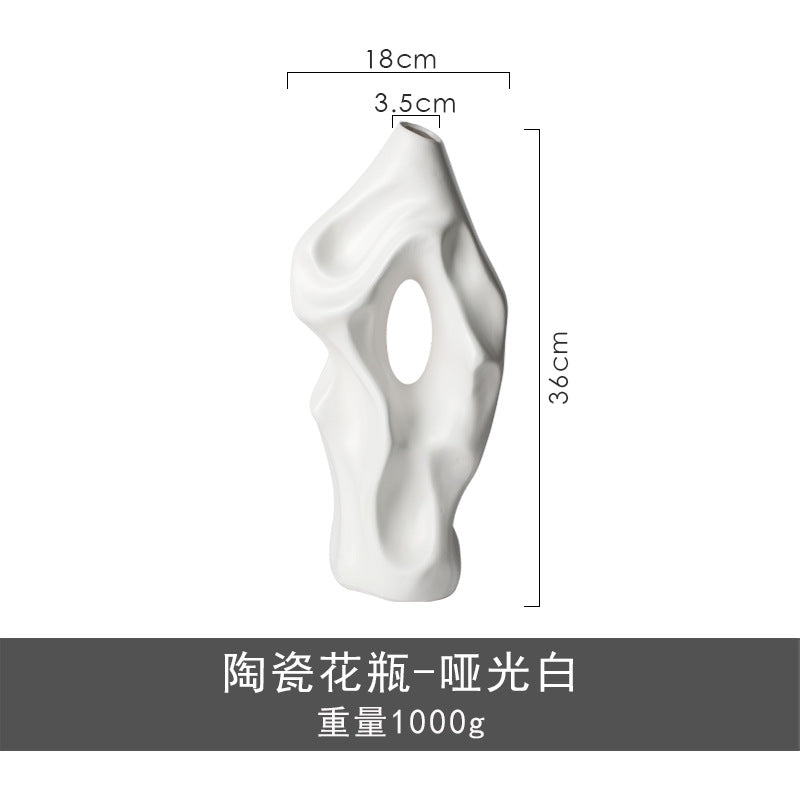 White ceramic vase with dimensions on a white background