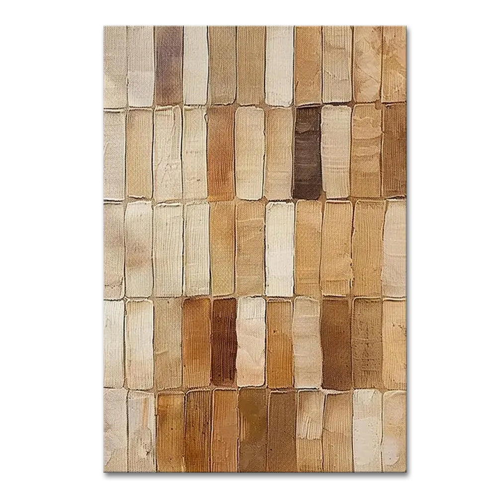 Rectangular patchwork rug with brown and beige squares on a white background