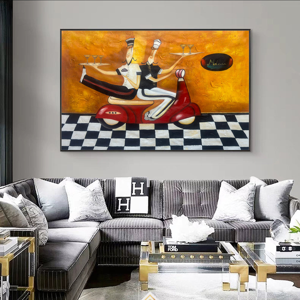 Living room with a large abstract painting of two people on a scooter above a gray sectional sofa.