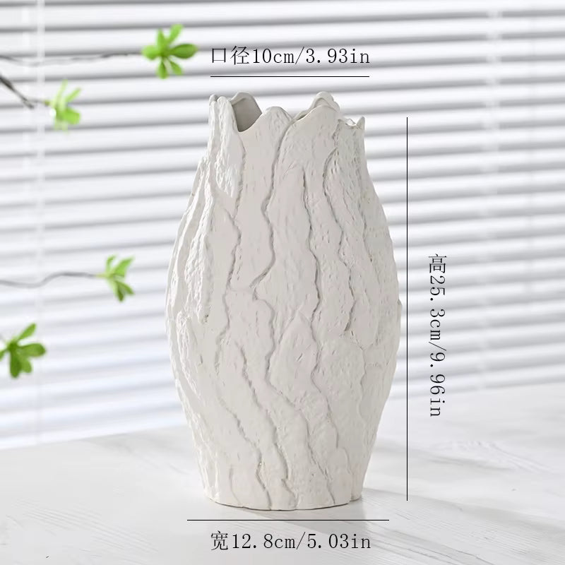 White textured vase with dimensions on a light background