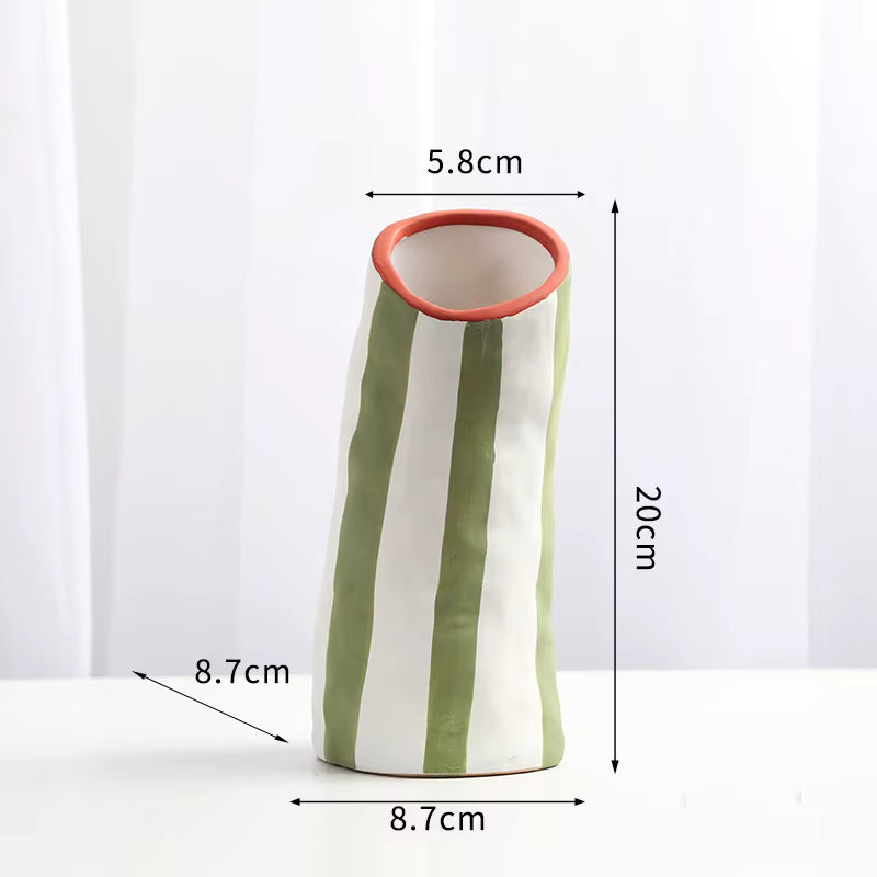 Cylindrical vase with green and white stripes and red top, shown with measurements on a white background.