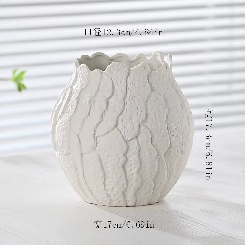 White textured vase with dimensions on a light background