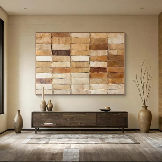 Wooden wall art piece in a living room setting with decorative vases and a console table.