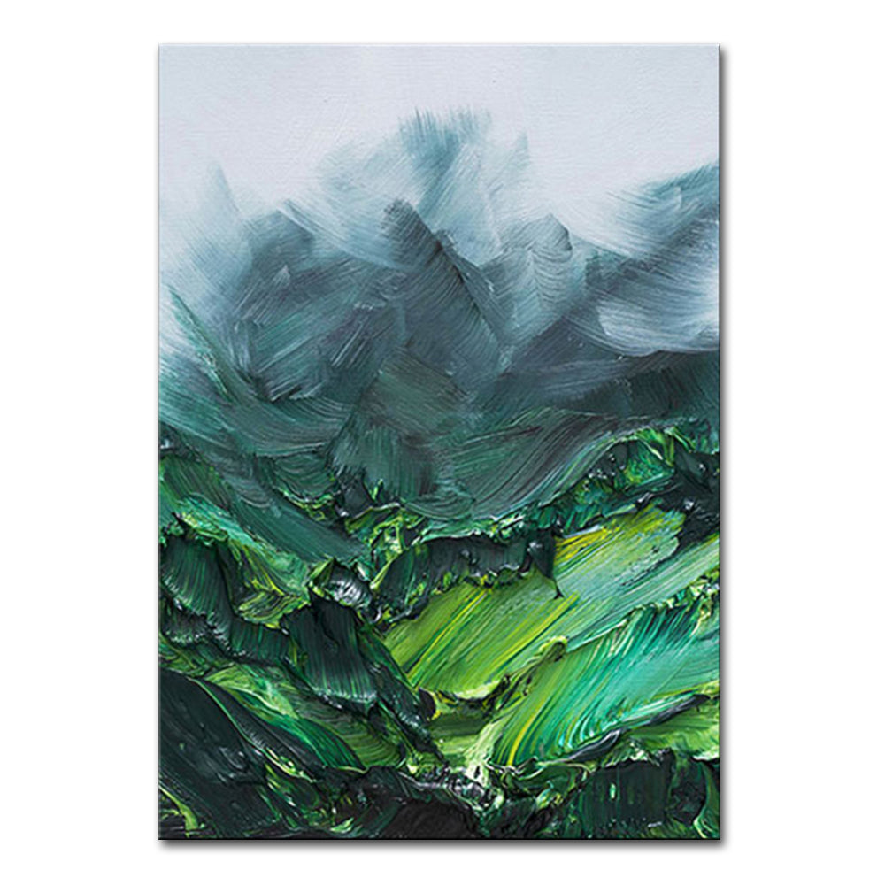 Abstract painting with green and blue hues on a white background