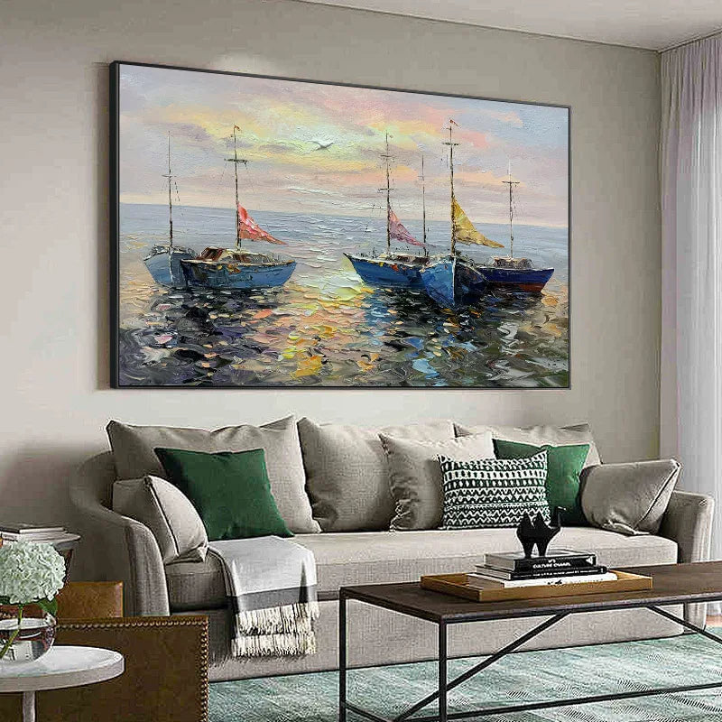Living room with a large painting of boats on the wall above a sofa.
