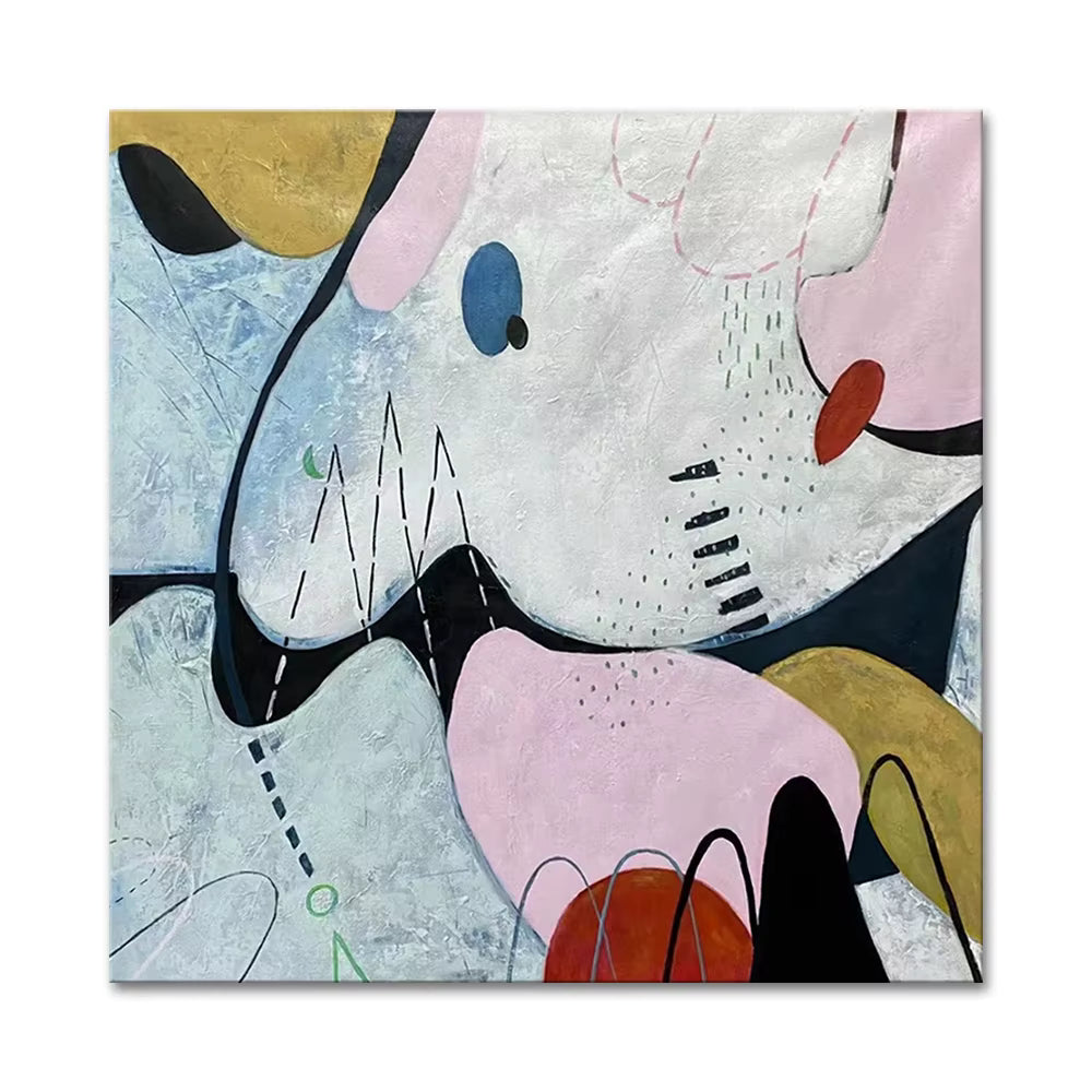 Abstract art piece with colorful shapes and patterns on a white background