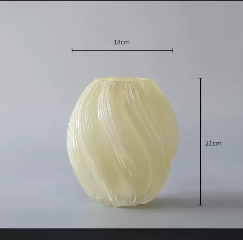 Beige textured vase with dimensions on a gray background