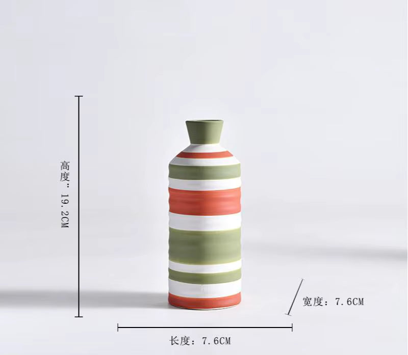 Striped ceramic vase with dimensions on a light gray background