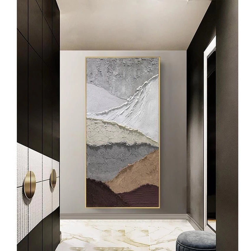 Abstract art piece in a modern interior setting with neutral tones.