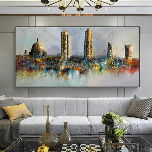 Colorful abstract cityscape painting on a wall above a gray sofa in a living room.