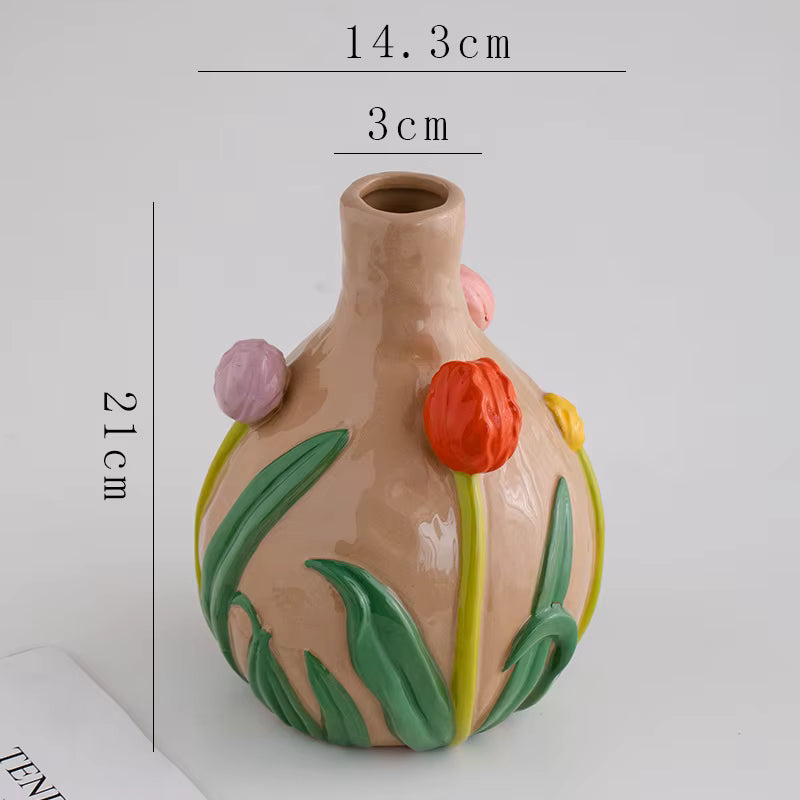 Ceramic vase with decorative elements and measurements on a white background