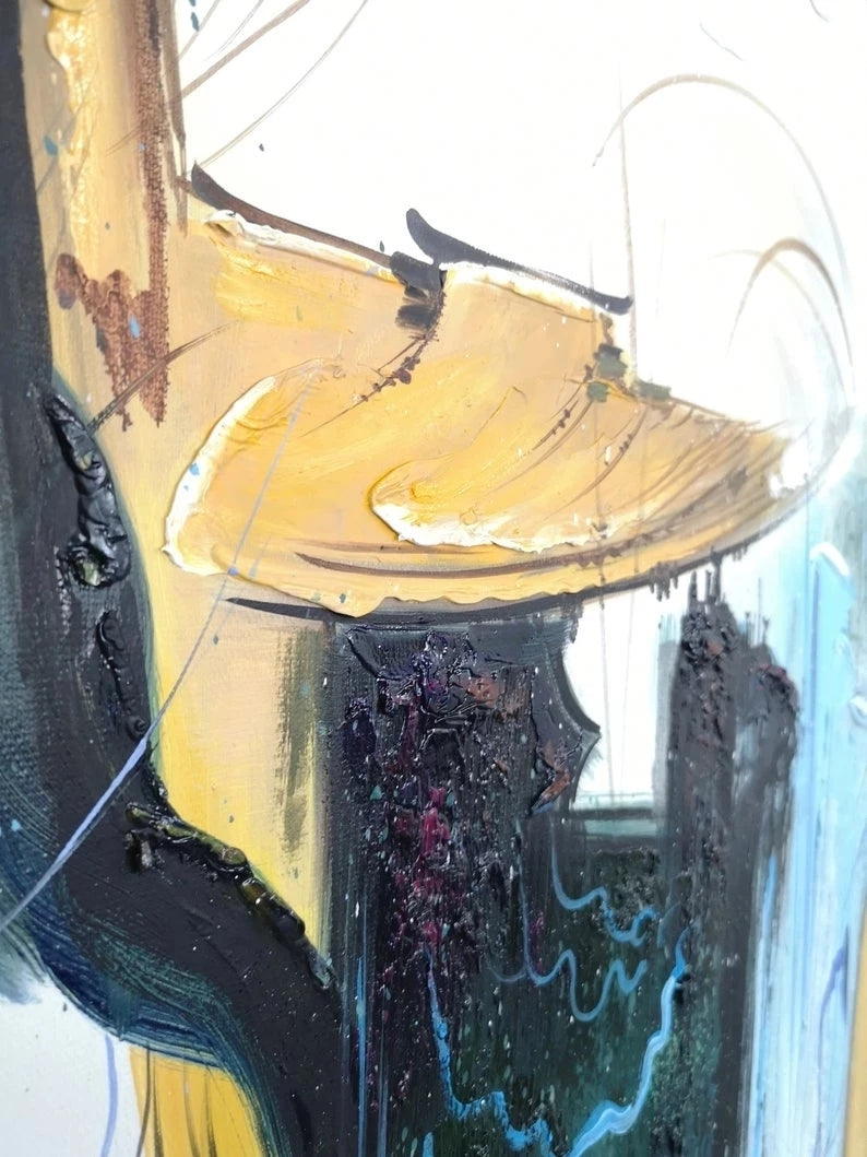 Abstract painting with yellow, black, and blue colors