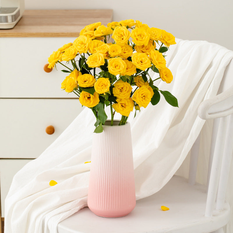 Bouquet of yellow roses in a pink vase on a white surface with a light background