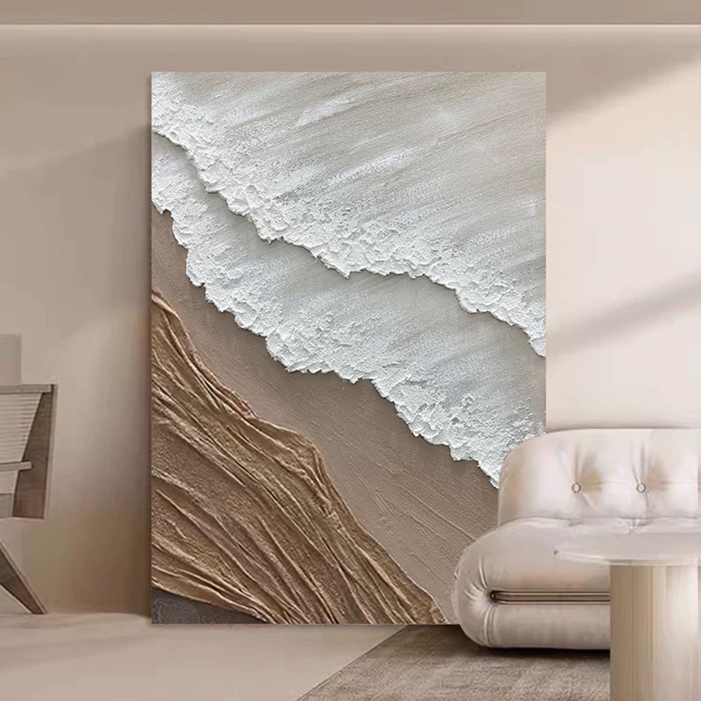 Abstract wall art with wavy patterns in a modern interior setting