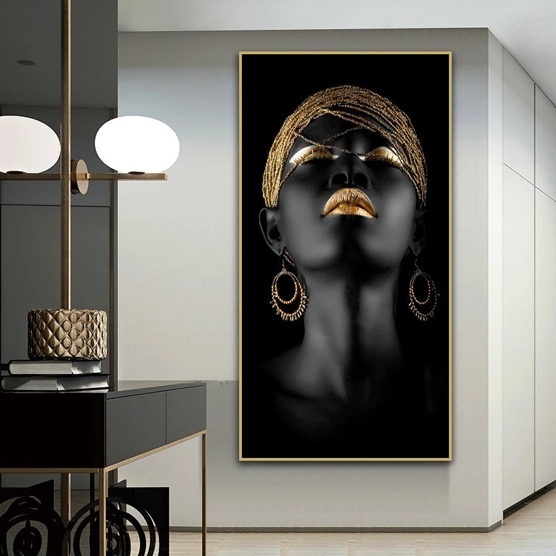 Modern interior with a large framed artwork of a woman's face in a stylish room.