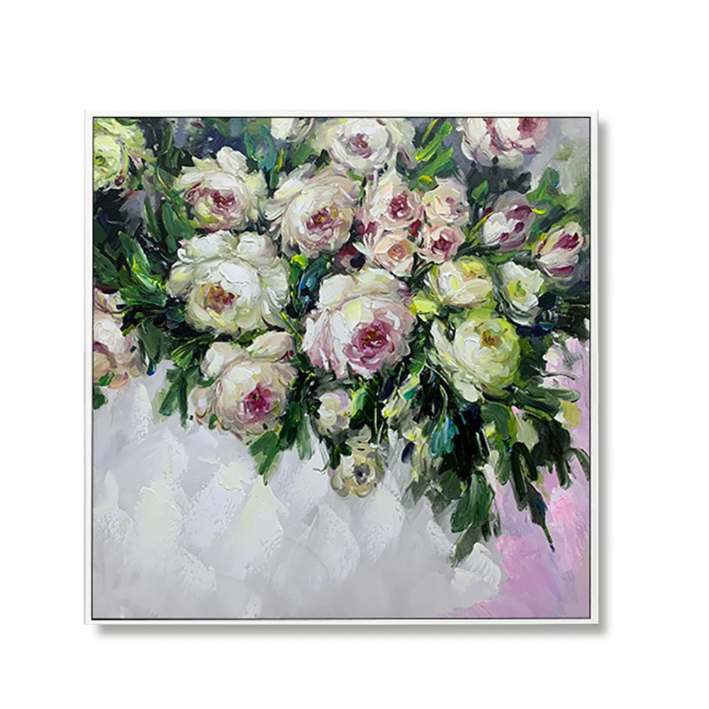 Oil painting of a bouquet of flowers with white, pink, and green colors on a white background.