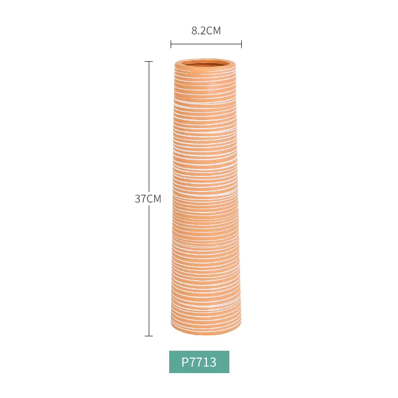 Tall cylindrical vase with striped pattern and dimensions on a white background