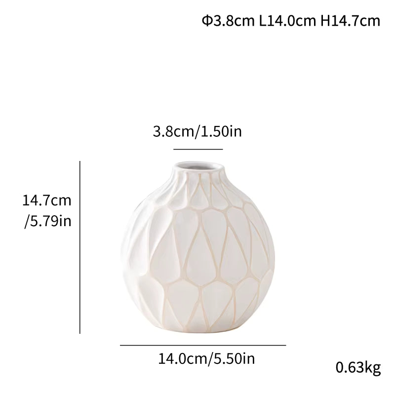White vase with geometric patterns and measurements on a white background