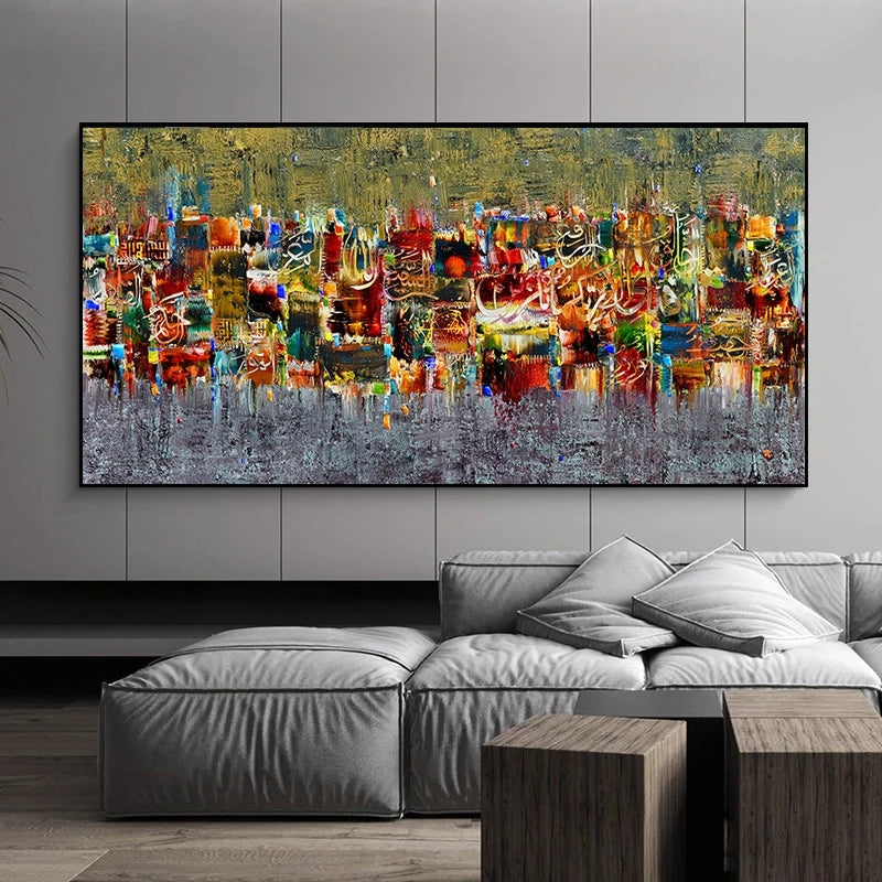 Abstract painting on a wall above a modern sofa in a living room.