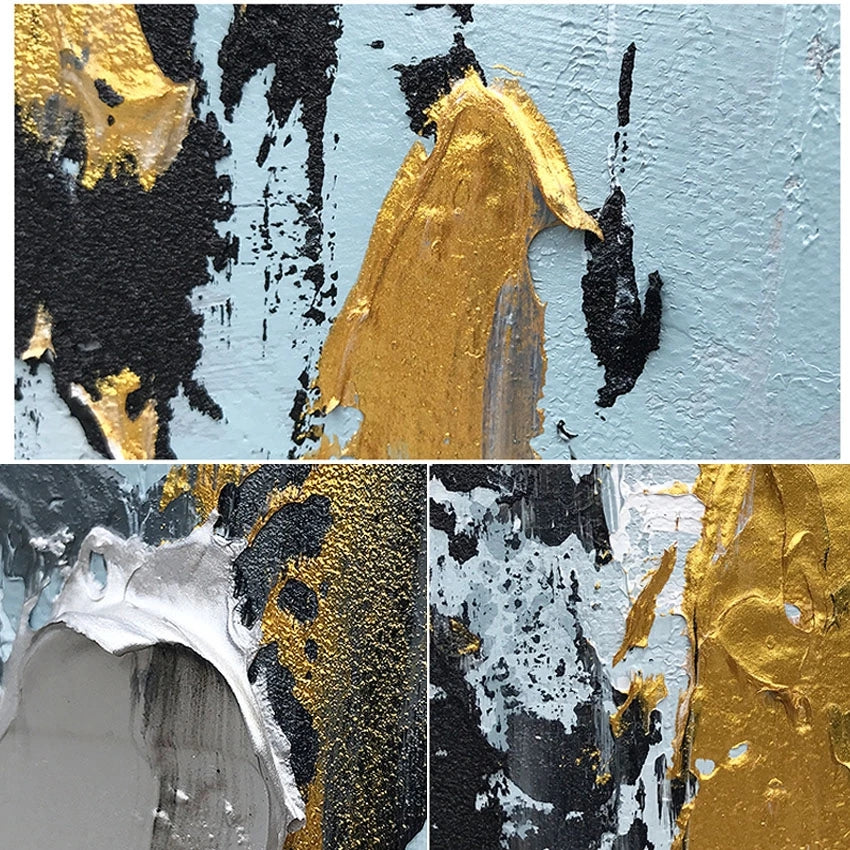 Abstract art piece with gold, black, and white brush strokes on a blue background.