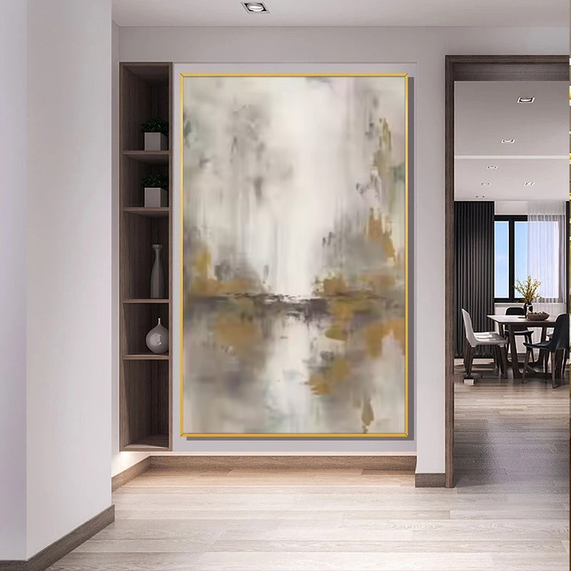 Abstract painting in a modern interior setting with a bookshelf and dining area.
