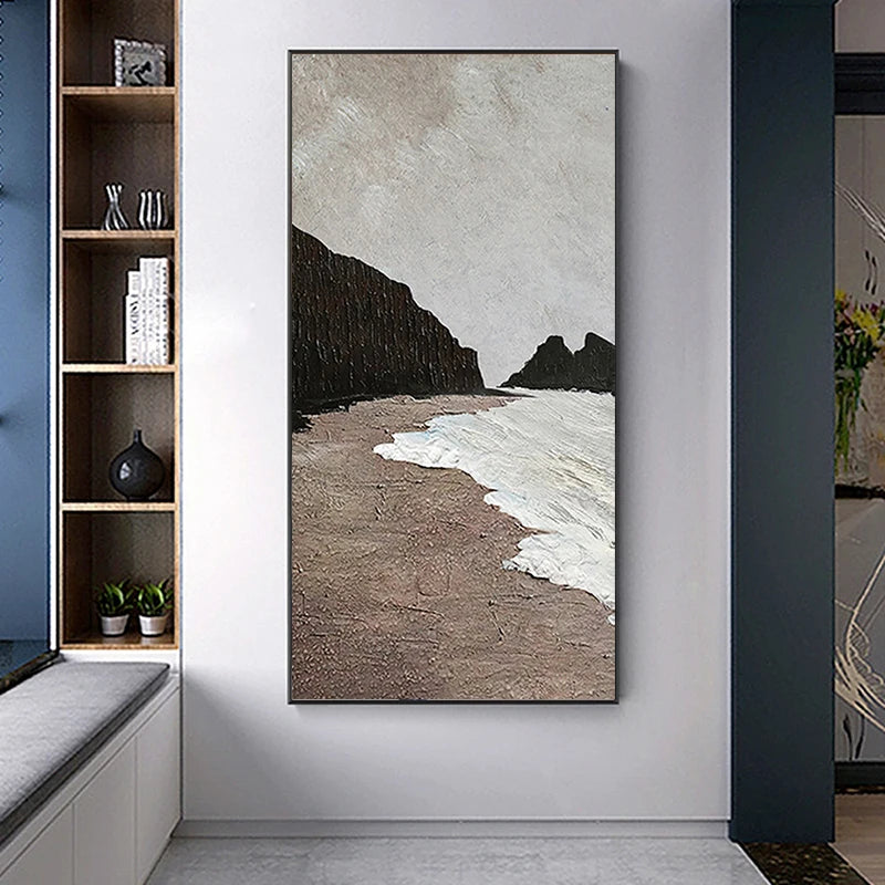 Abstract landscape painting on a wall in a modern interior setting