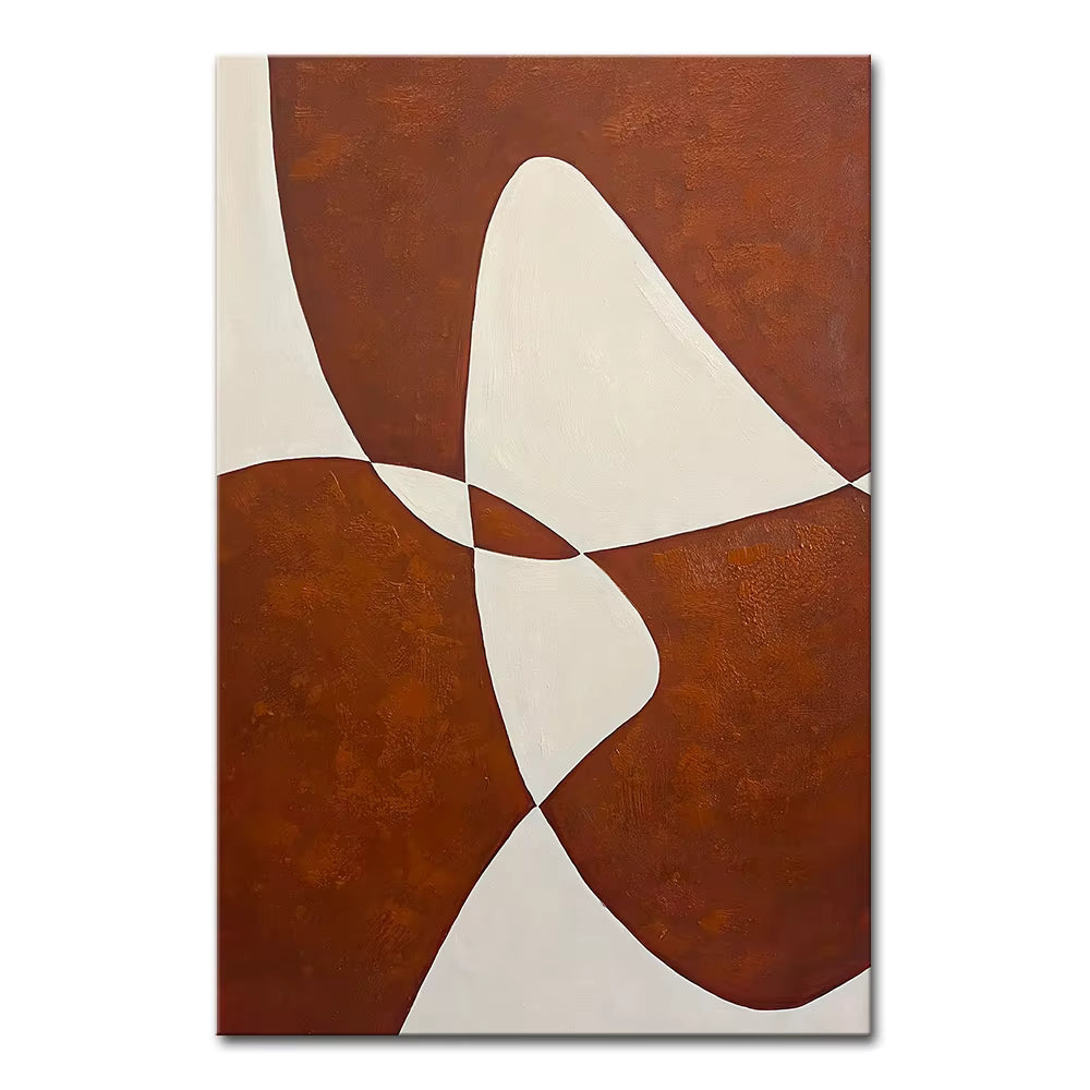 Abstract art piece with brown and white shapes on a textured brown background