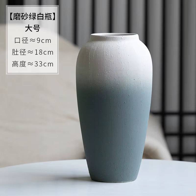 Gray ceramic vase on a table with text overlay