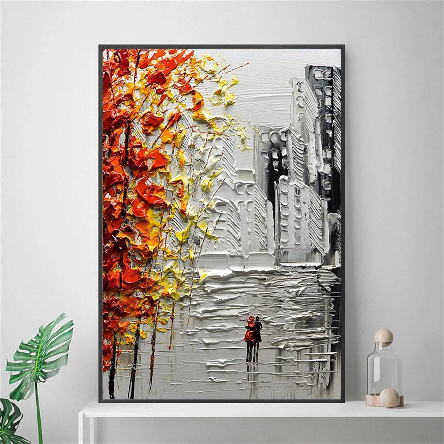 Abstract painting with colorful elements on a gray wall