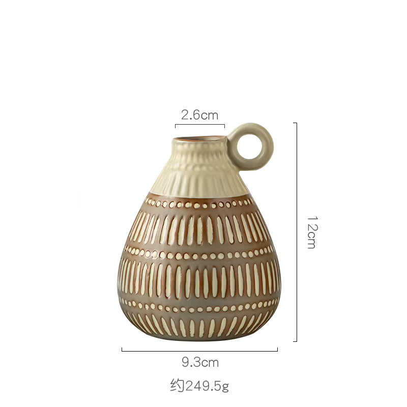 Ceramic vase with decorative patterns and measurements on a white background