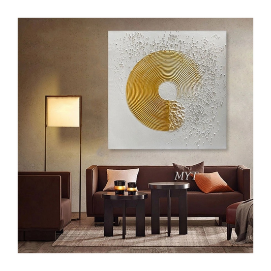 Modern living room with a brown sofa, coffee table, and decorative wall art.