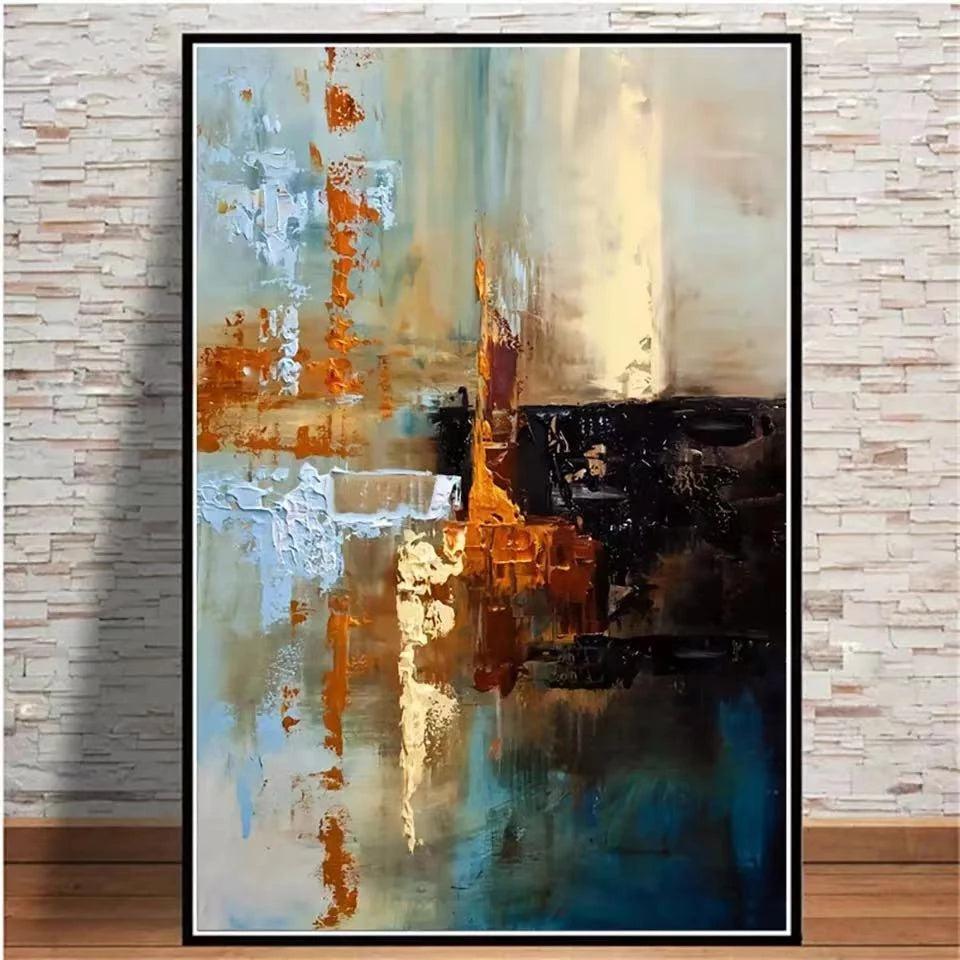 Abstract painting with brown, blue, and black tones on a textured wall.