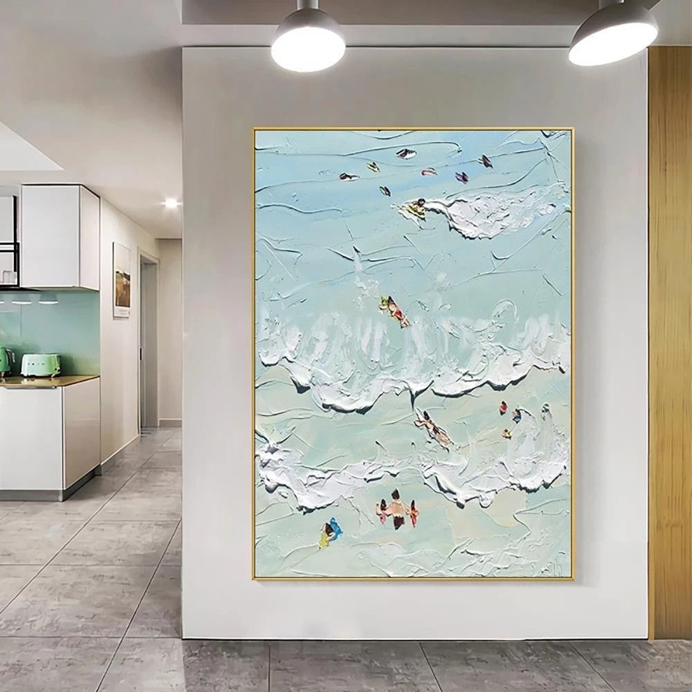Abstract painting of people at the beach in a modern kitchen setting