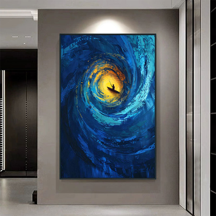 Abstract painting of a person in a blue swirl on a wall in a modern interior setting.