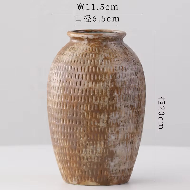 Brown textured vase with dimensions on a white background