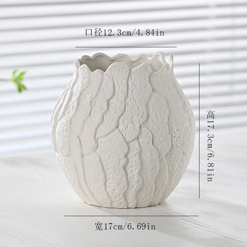 White textured vase with dimensions on a light background