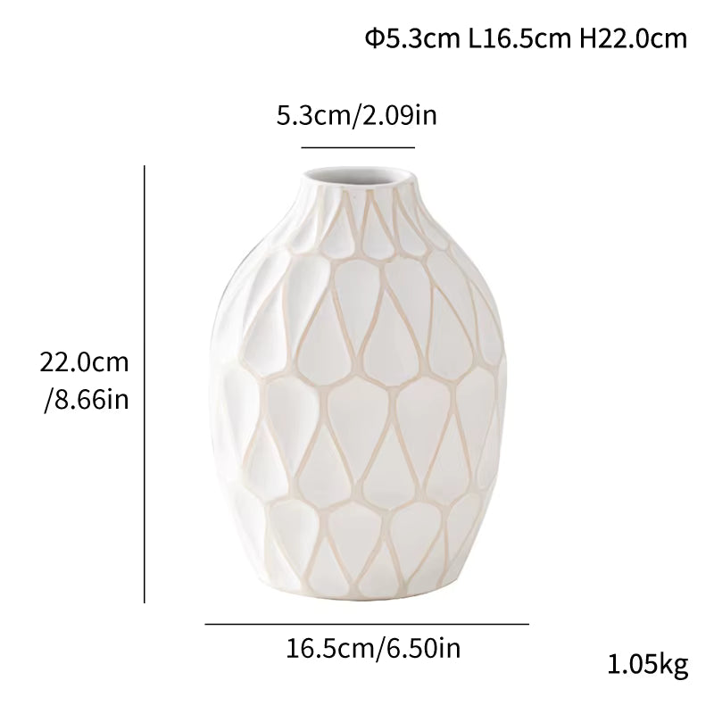 White vase with geometric pattern and measurements on a white background