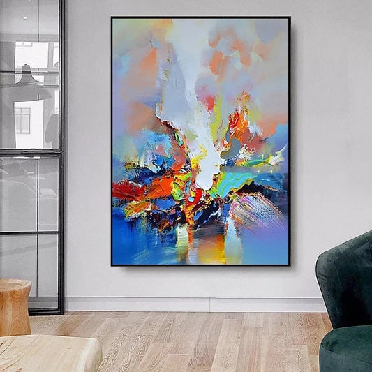 Abstract colorful painting in a modern living room setting
