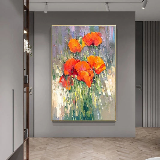 Abstract painting of red flowers in a modern interior setting