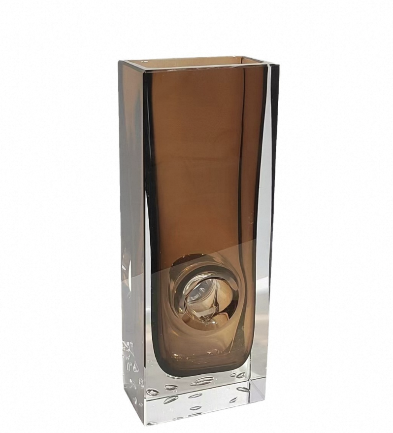 Tall rectangular glass vase with a gradient from clear to brown on a white background